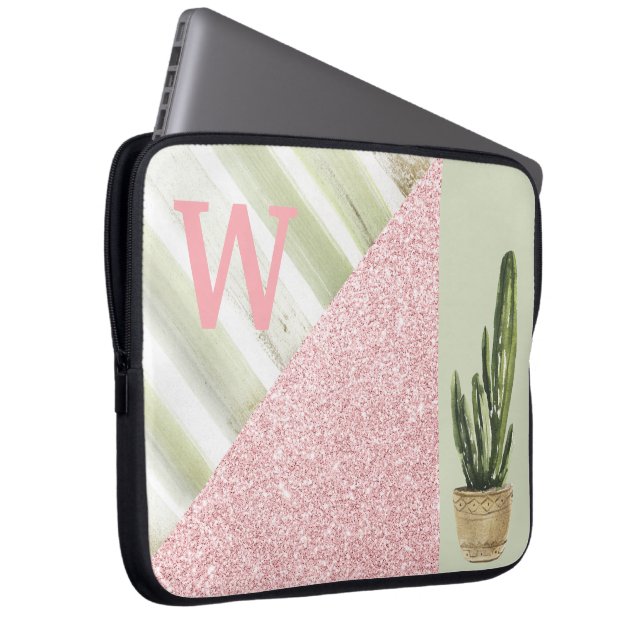 Moderne koraalgroene cactus botanische monogram laptop sleeve (Voorkant Rechts)