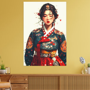 Moderne Koreaanse vrouw in Hanbok-portret Canvas Afdruk