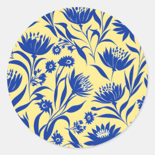 Moderne korenbloem blauwe bloem op geel ronde sticker