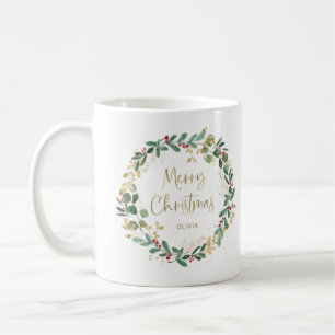 Moderne krans en gouden script Vrolijk kerstfees Koffiemok