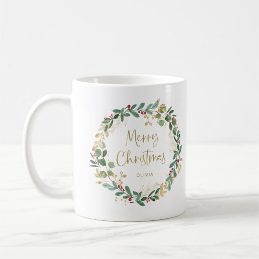 Moderne krans en gouden script | Vrolijk kerstfees Koffiemok (Links)