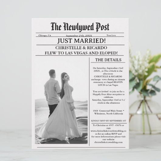 Moderne krantenvlucht net getrouwd aangekondigd kaart (Staand voorkant)