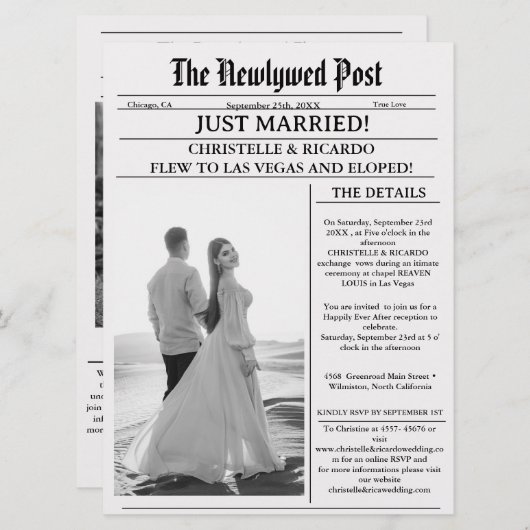 Moderne krantenvlucht net getrouwd aangekondigd kaart (Voorkant / Achterkant)