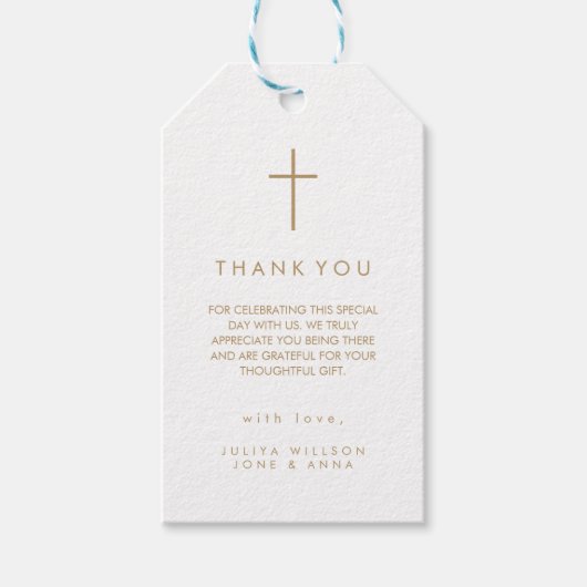 Moderne kruis gouden Foto Doop  Cadeaulabel (Voorkant)