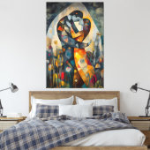 Moderne kubistische visie op de kus canvas afdruk (Insitu (Slaapkamer))