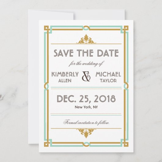  moderne kunst Deco Mint & Gold Wedding Save The Date (Voorkant)
