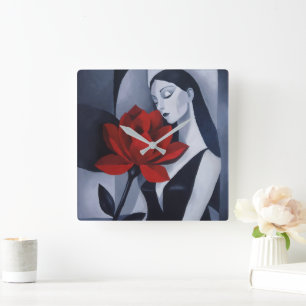 Moderne Kunst Vrouw met Rode Roos Acryl Wandklok Vierkante Klok