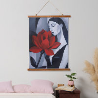 Moderne Kunst Vrouw met Rode Roos Houten Tafel Tap