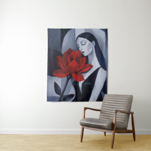 Moderne Kunst Vrouw met Rode Roos Wandtapijt Wandkleed