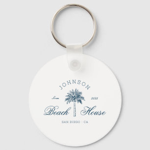 Moderne Kust Vintage Strandhuis Palmboom Blauw Sleutelhanger