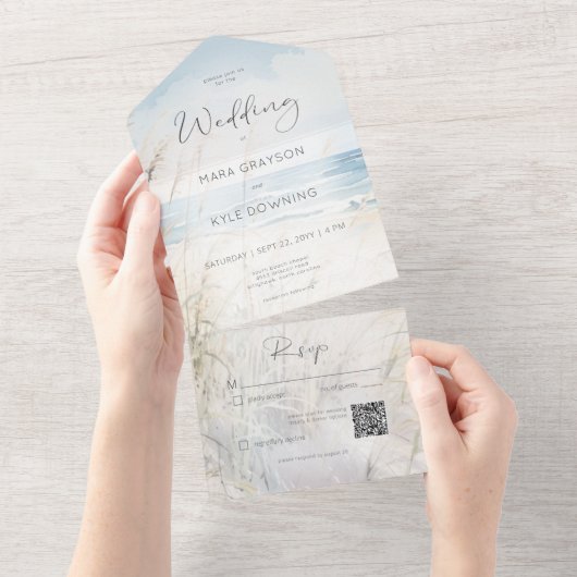 Moderne kust Waterverf strand QR code All In One Uitnodiging (Afscheurbaar)