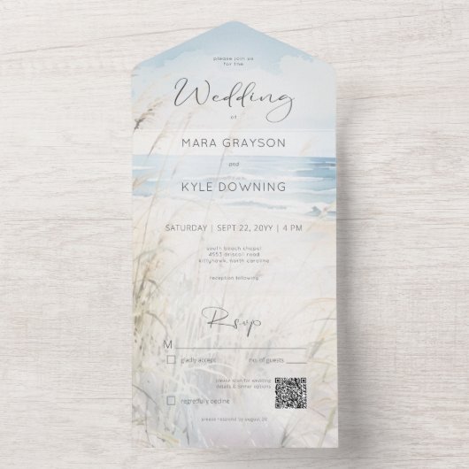 Moderne kust Waterverf strand QR code All In One Uitnodiging (Binnen)