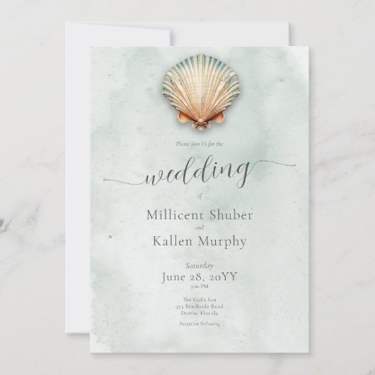 Moderne Kustzeeschelp Aqua Bruiloft Kaart (Voorkant)