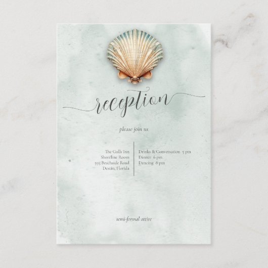 Moderne Kustzeeschelp Aqua Bruiloft Receptie Informatiekaartje (Voorkant)