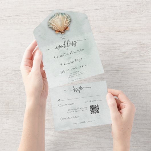 Moderne Kustzeeschelp Aqua Waterverf QR Code All In One Uitnodiging (Afscheurbaar)