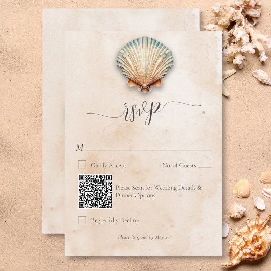 Moderne Kustzeeschelp Zand Bruiloft QR Code RSVP Kaartje