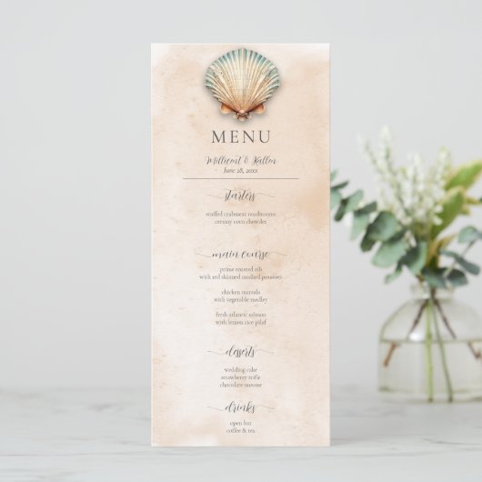Moderne Kustzeeschelp Zandbruiloft Menu (Staand voorkant)
