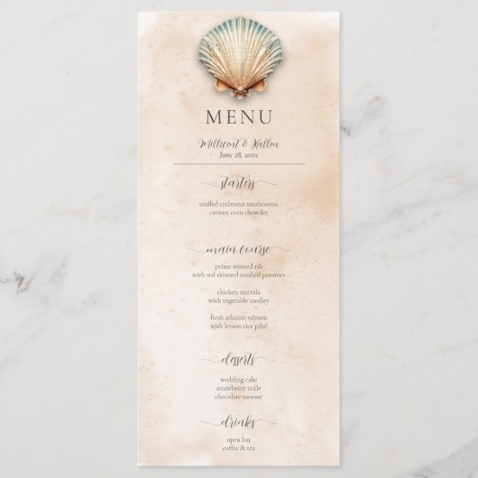 Moderne Kustzeeschelp Zandbruiloft Menu (Voorkant)