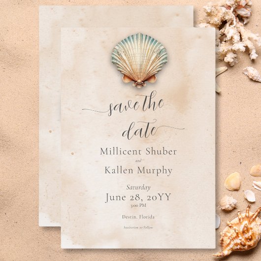 Moderne Kustzeeschelp Zandbruiloft Save The Date