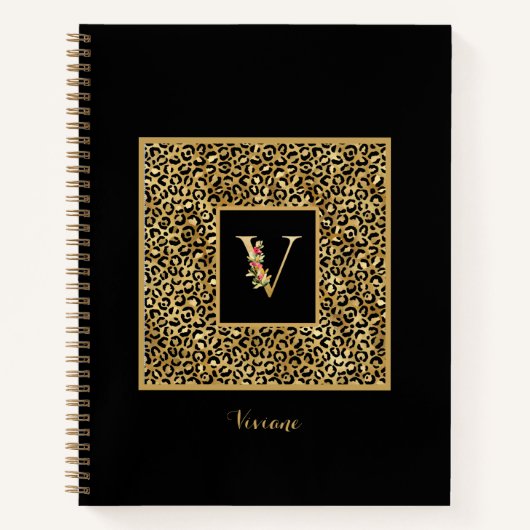 Moderne laopard Gold Personal Monogram Letter V Notitieboek (Voorkant)