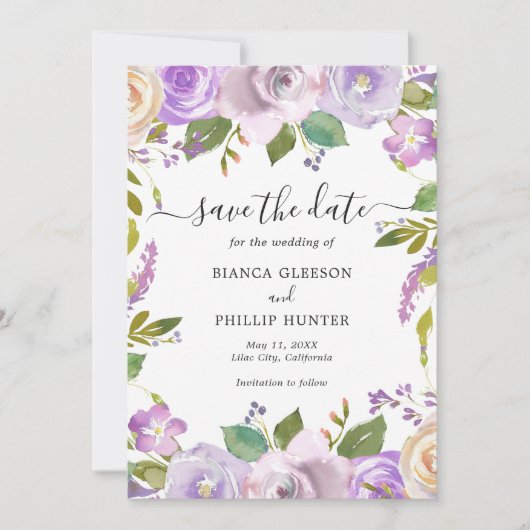 Moderne Lavendel Floral Elegant Bruiloft Save The Date (Voorkant)