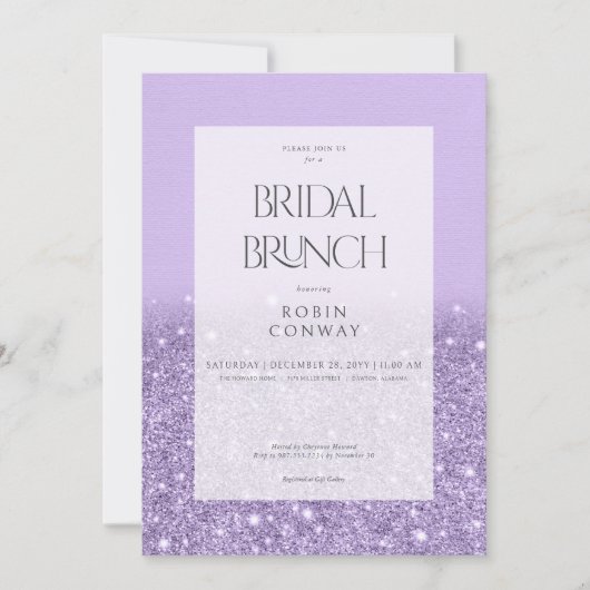 Moderne lavendel glam glitter bruids brunch kaart (Voorkant)