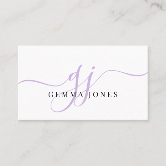 Moderne Lavendel Monogram Vrouwelijke Script Naam Visitekaartje (Voorkant)