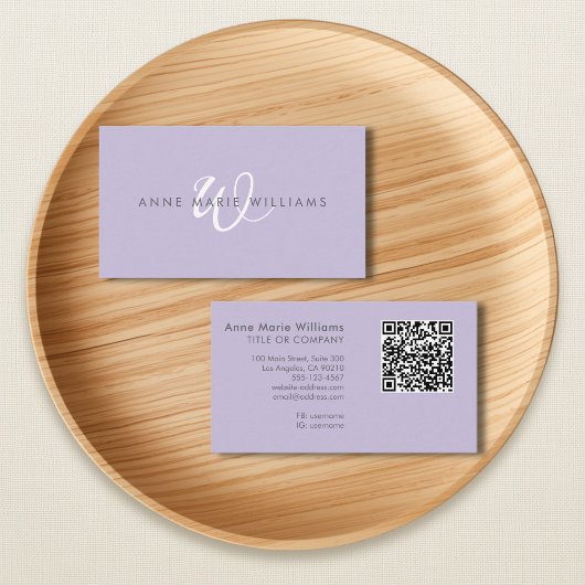 Moderne Lavendel Witte Script Monogram QR-code Visitekaartje