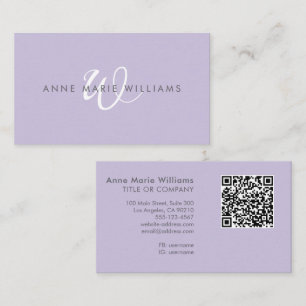 Moderne Lavendel Witte Script Monogram QR-code Visitekaartje