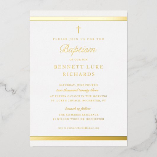 Moderne legance boys Baptisme Gold Folie Uitnodiging (Voorkant)