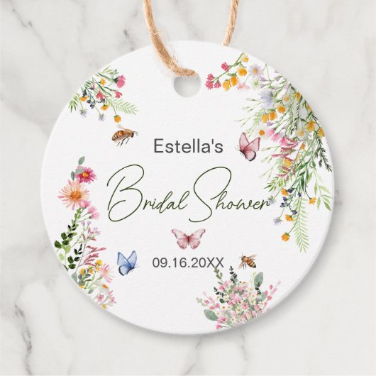 Moderne lente wilde bloemen script bruidsdouche bedankjes labels (Voorkant)