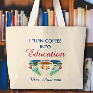 Moderne leraar koffie in het onderwijs blauw grote tote bag