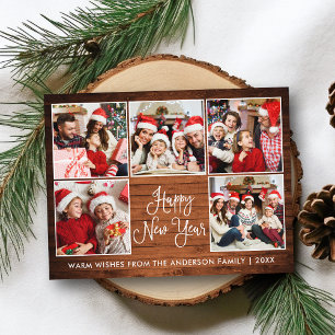 Moderne Leuke Kalligrafie Hout 5 Foto Nieuwjaar Briefkaart