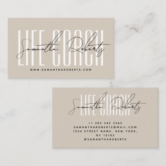 Moderne levenscoach typografie script beige visitekaartje (Voorkant / Achterkant)