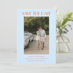 Moderne lichtblauwe oranje Art Deco fototrouwkaart Save The Date