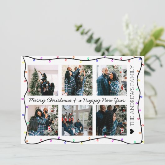 Moderne, lichte Neon Glow-lampjes kerstfoto Feestdagenkaart (Staand voorkant)