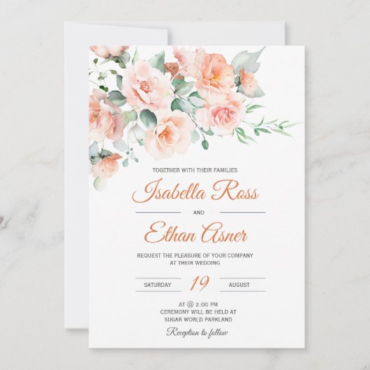 Moderne Lichte Perzik Bruiloft Sjabloon Kaart (Voorkant)