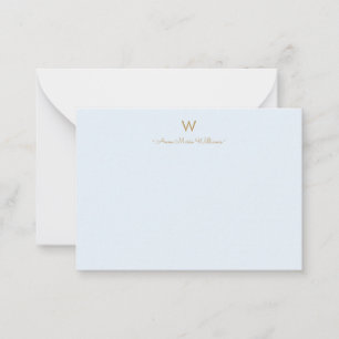 Moderne Lichte Stof Blauw Gouden Script Monogram Notitiekaartje