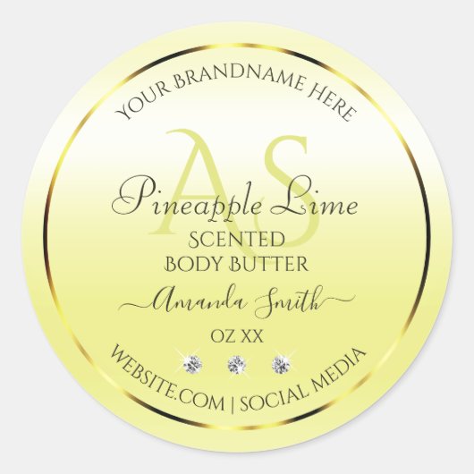Moderne lichtgele productetiketten juwelen monogra ronde sticker (Voorkant)