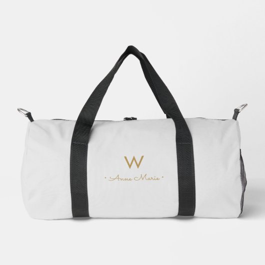 Moderne Lichtgrijze Gouden Script Monogram Plunjezak (Voorkant)