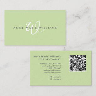 Moderne Lichtgroene Witte Script Monogram QR Code Visitekaartje