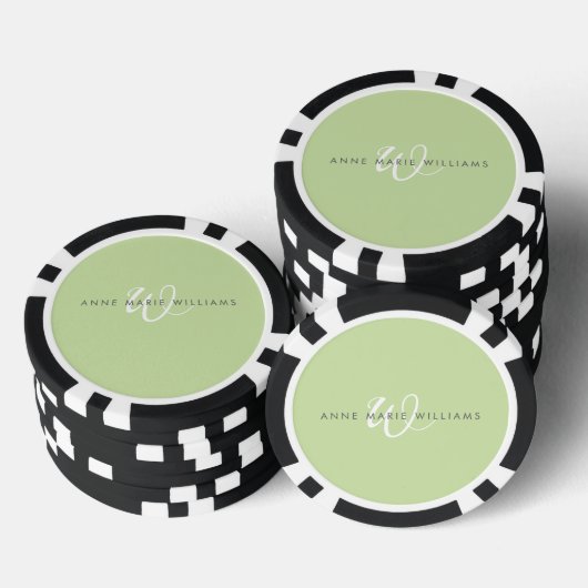 Moderne lichtgroene witte scriptmonogram poker chips (Opstapeling)