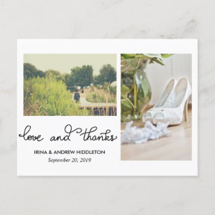 Moderne liefde en Bedankt schrijven twee trouwfoto Briefkaart