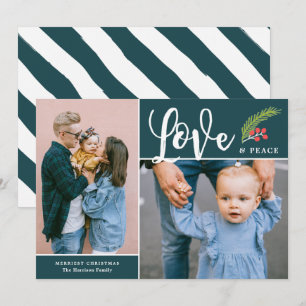 Moderne liefde en vrede Twee foto Blauwgroen Feestdagenkaart