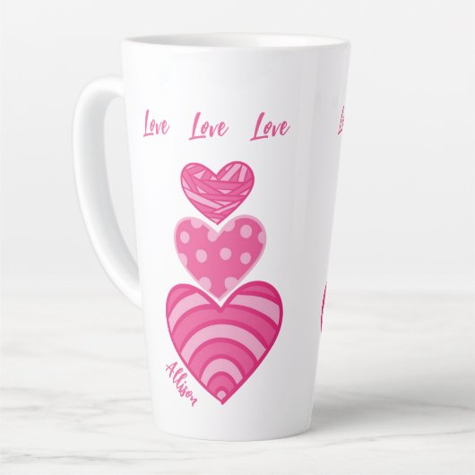 Moderne liefde Mok, 3 roze harten Latte Mok (Linkerhoek)