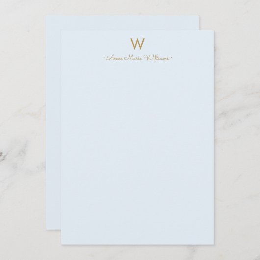 Moderne Light Dusty Blue Gold Script-monogram Notitiekaartje (Voorkant / Achterkant)