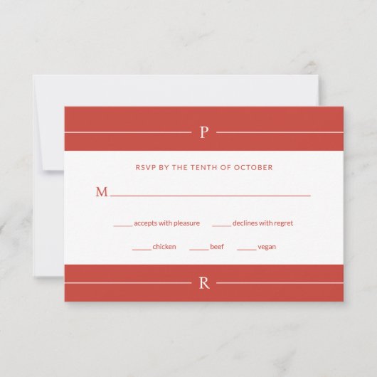 Moderne Lijnen en Monogram | Poppy Red Wedding RSVP Kaartje (Voorkant)