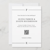 Moderne lijnen en monogram witte QR-code en foto Save The Date (Voorkant)
