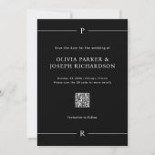 Moderne lijnen en monogram zwarte QR-code en foto Save The Date (Voorkant)