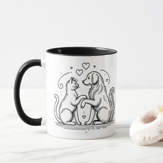 Moderne lijntekening van vriendschap tussen huisdi mok (Met donut)